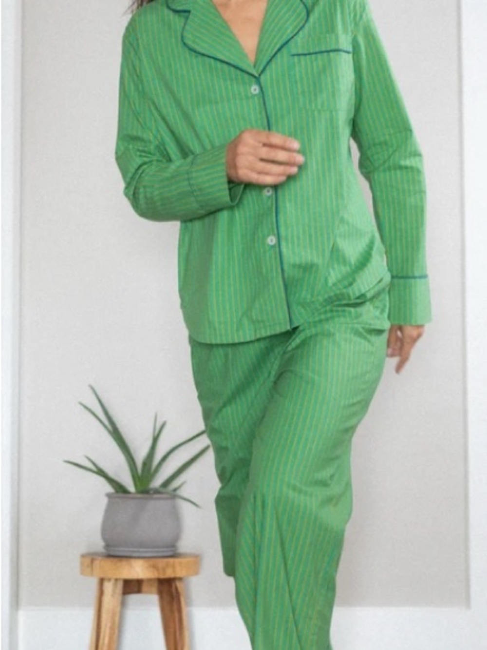 Women's Green Pinstripe Long-Sleeve Pajama Set